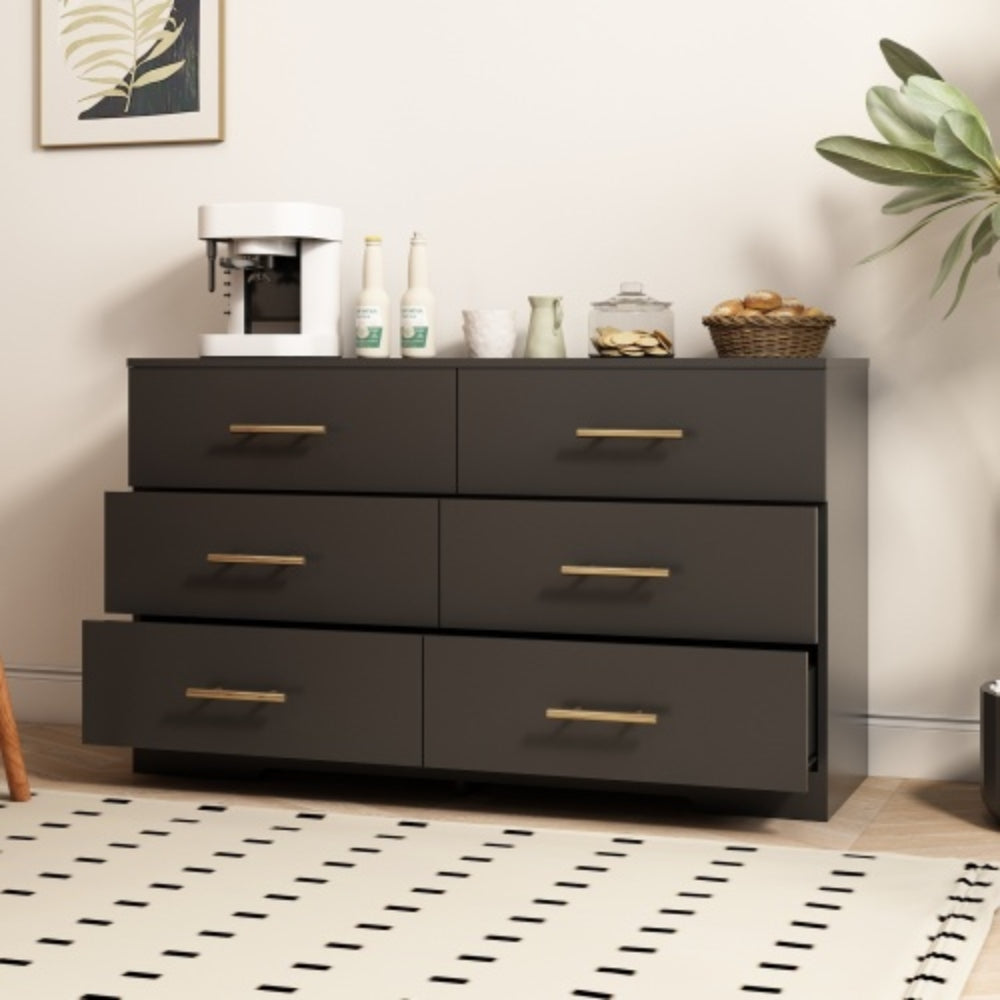 Stylish Black 6 Drawer Dresser with Gold Handles