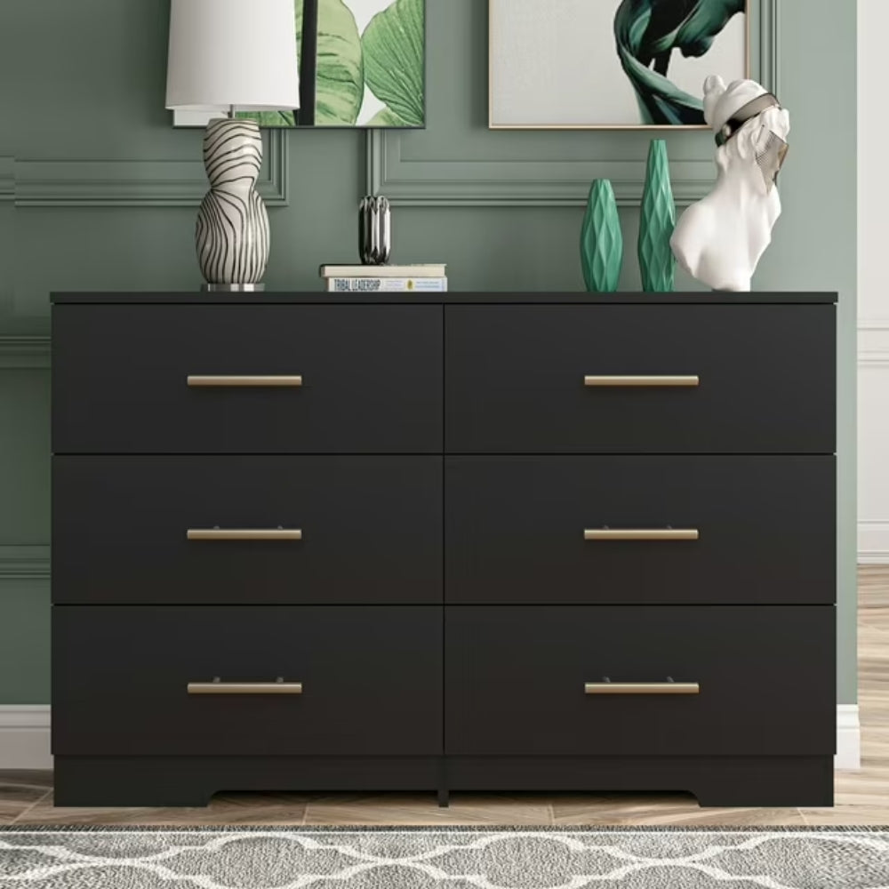Stylish Black 6 Drawer Dresser with Gold Handles