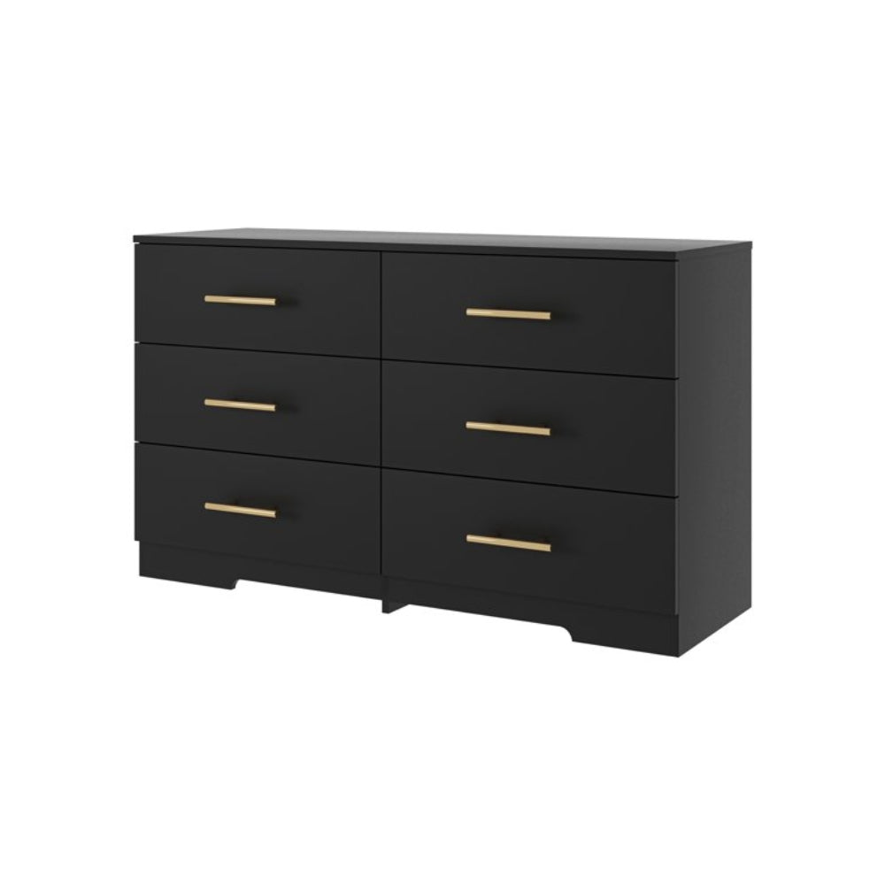 Stylish Black 6 Drawer Dresser with Gold Handles