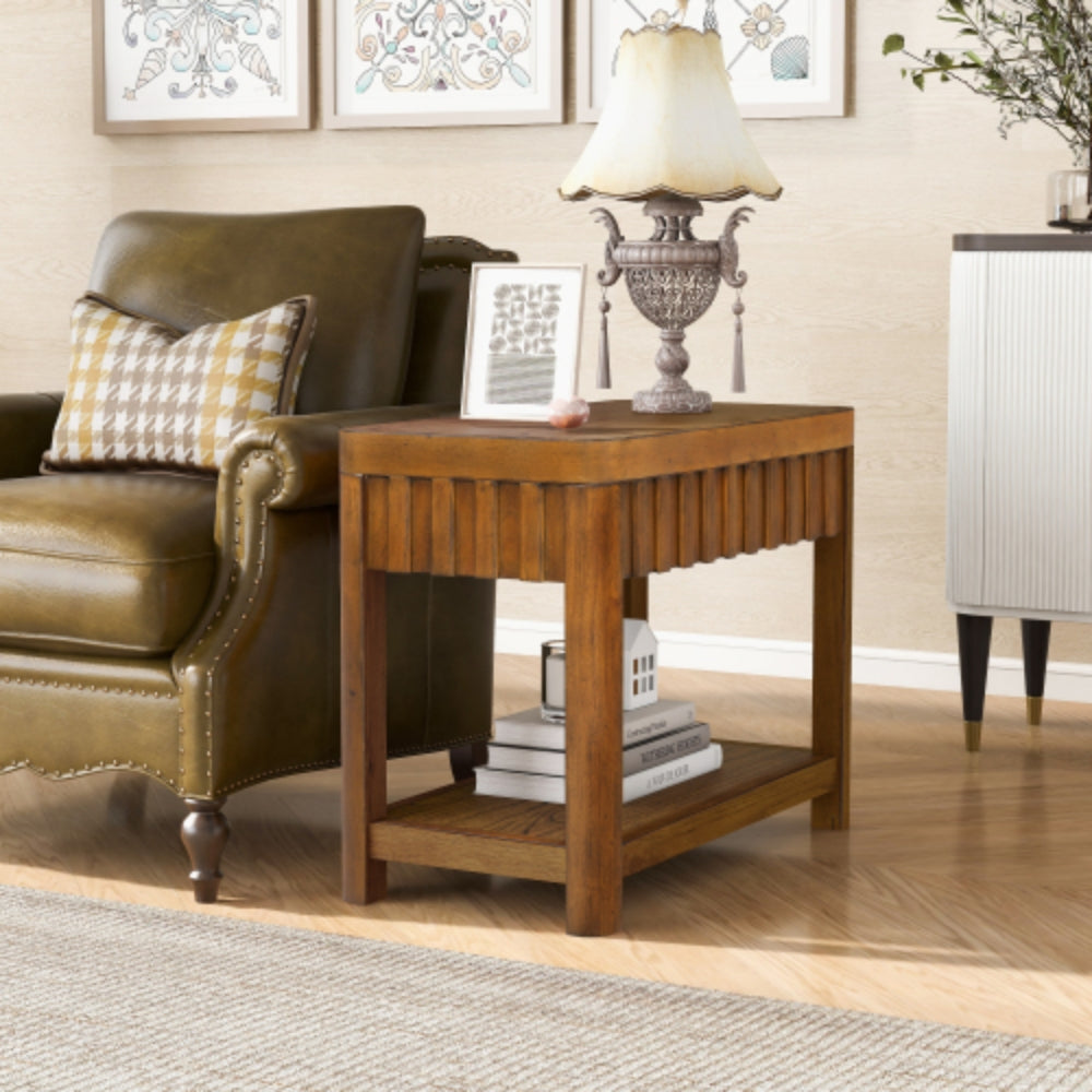 25 Inch Rectangular Farmhouse End Table with Storage Shelf in Walnut