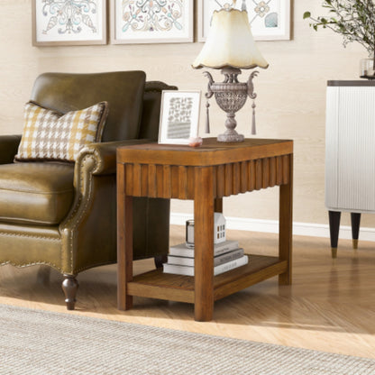 25 Inch Rectangular Farmhouse End Table with Storage Shelf in Walnut