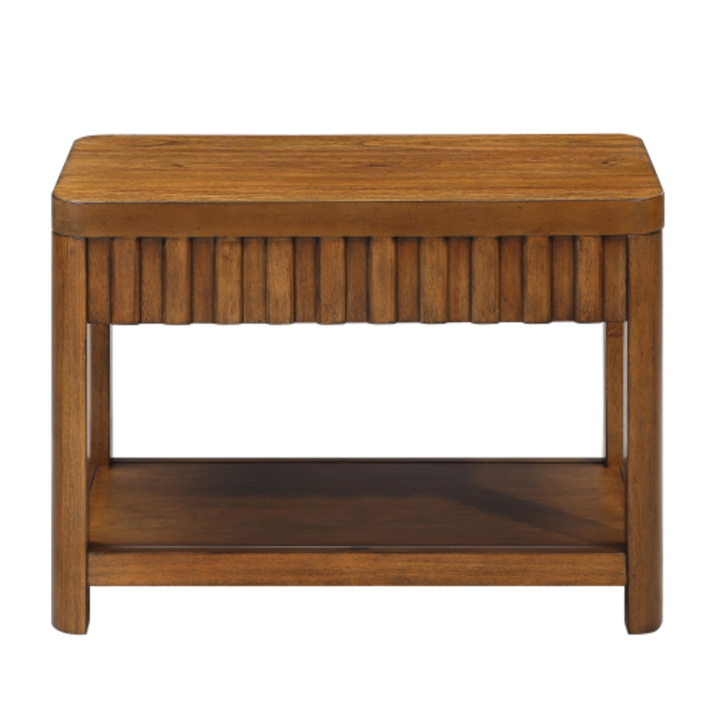 25 Inch Rectangular Farmhouse End Table with Storage Shelf in Walnut