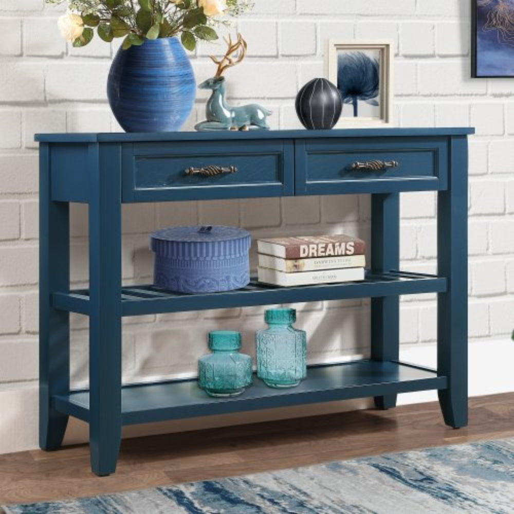 Mid Century Console Sofa Table with 2 Storage Drawers and 2 Tiers Shelves