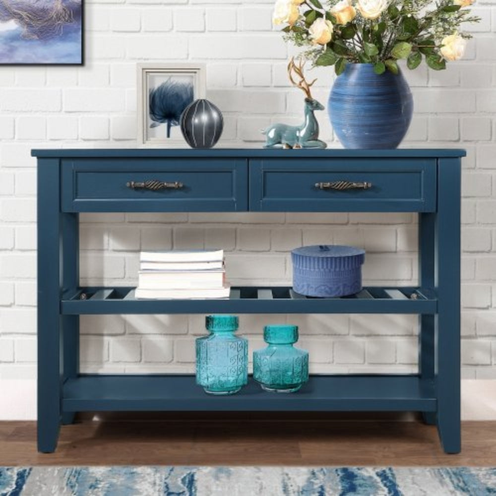 Mid Century Console Sofa Table with 2 Storage Drawers and 2 Tiers Shelves