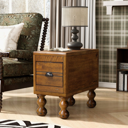 Vintage Solid Wood Side Table with Drawer in Antique Brown