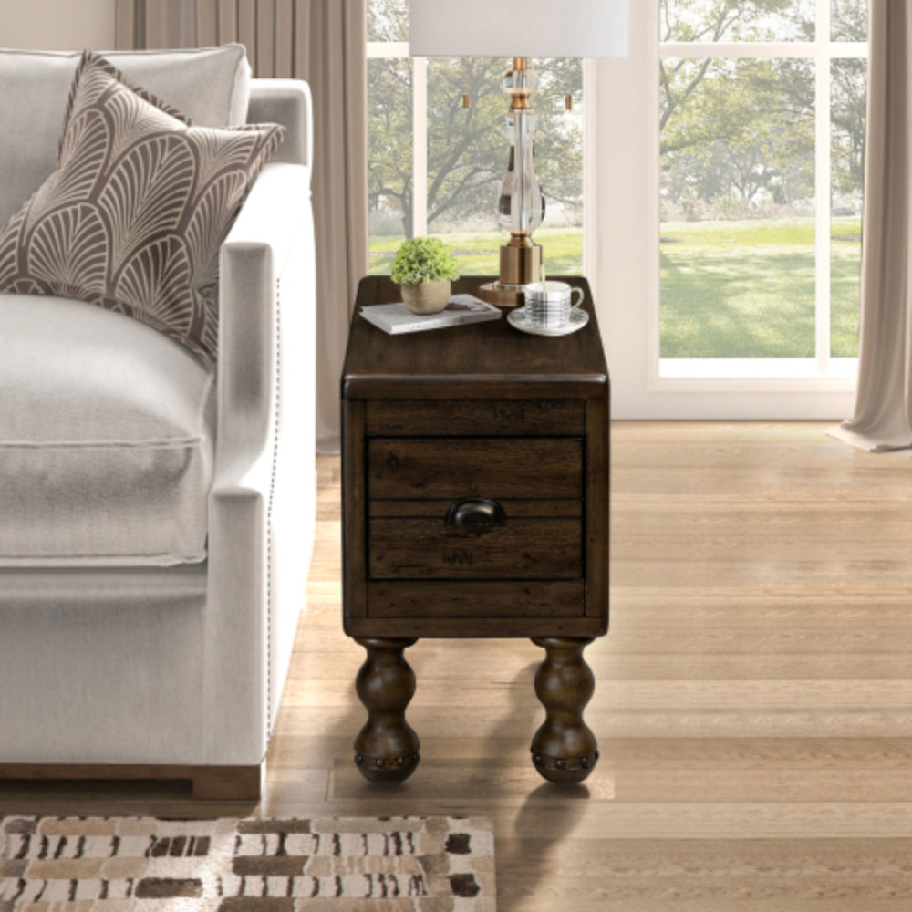 Vintage Solid Wood Side Table with Drawer in Espresso