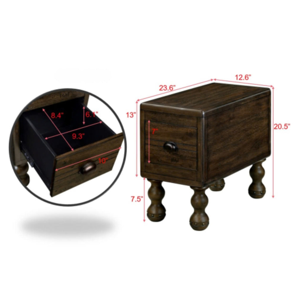 Vintage Solid Wood Side Table with Drawer in Espresso