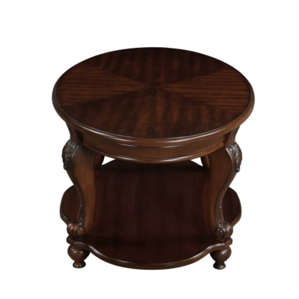 Vintage 22 Inch Round End Table with Shelf in Cherry Finish
