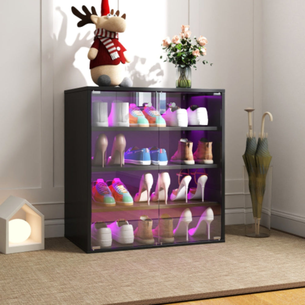4 Tier RGB LED Shoe Box with Glass Door in Black