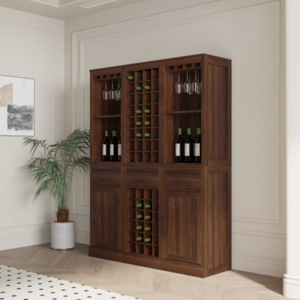 Stylish Brown Walnut Modular Wine Bar Cabinet with Hutch