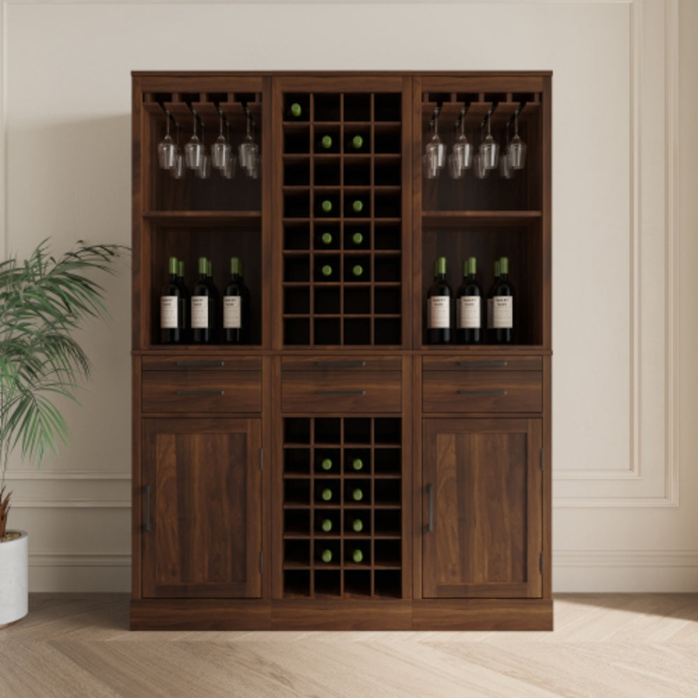 Stylish Brown Walnut Modular Wine Bar Cabinet with Hutch