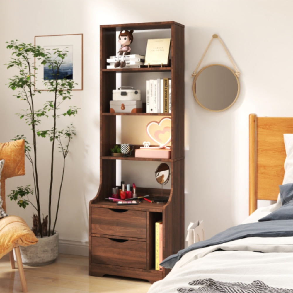 Nightstand with Bookshelf and 2 Storage Drawers