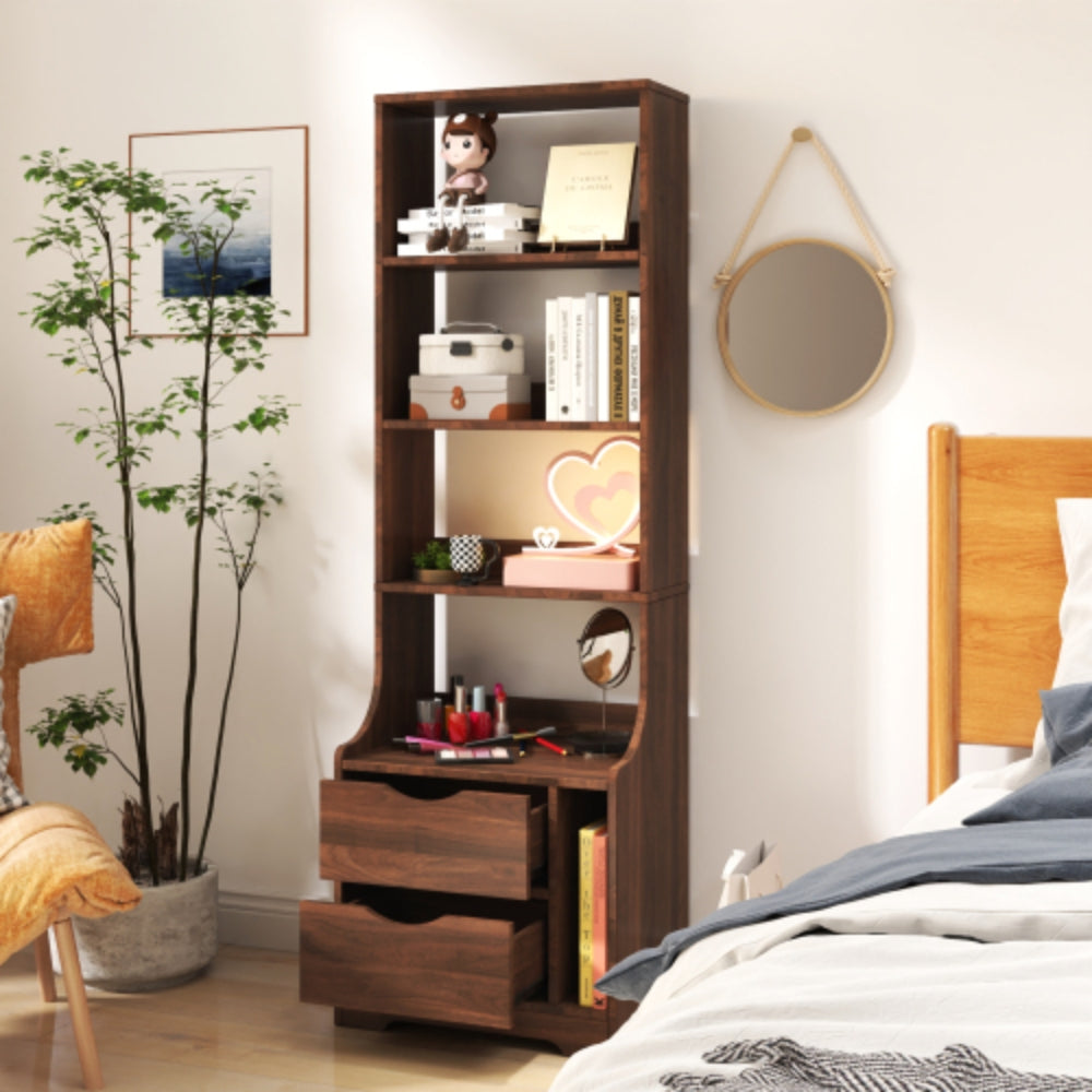 Nightstand with Bookshelf and 2 Storage Drawers
