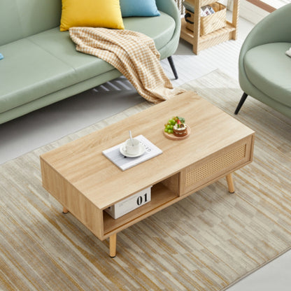 Modern Rattan Coffee Table with Sliding Storage Door in Natural Finish