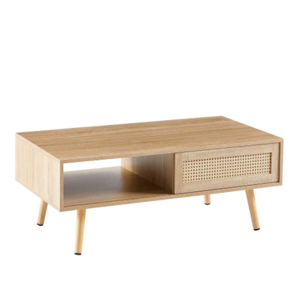 Modern Rattan Coffee Table with Sliding Storage Door in Natural Finish
