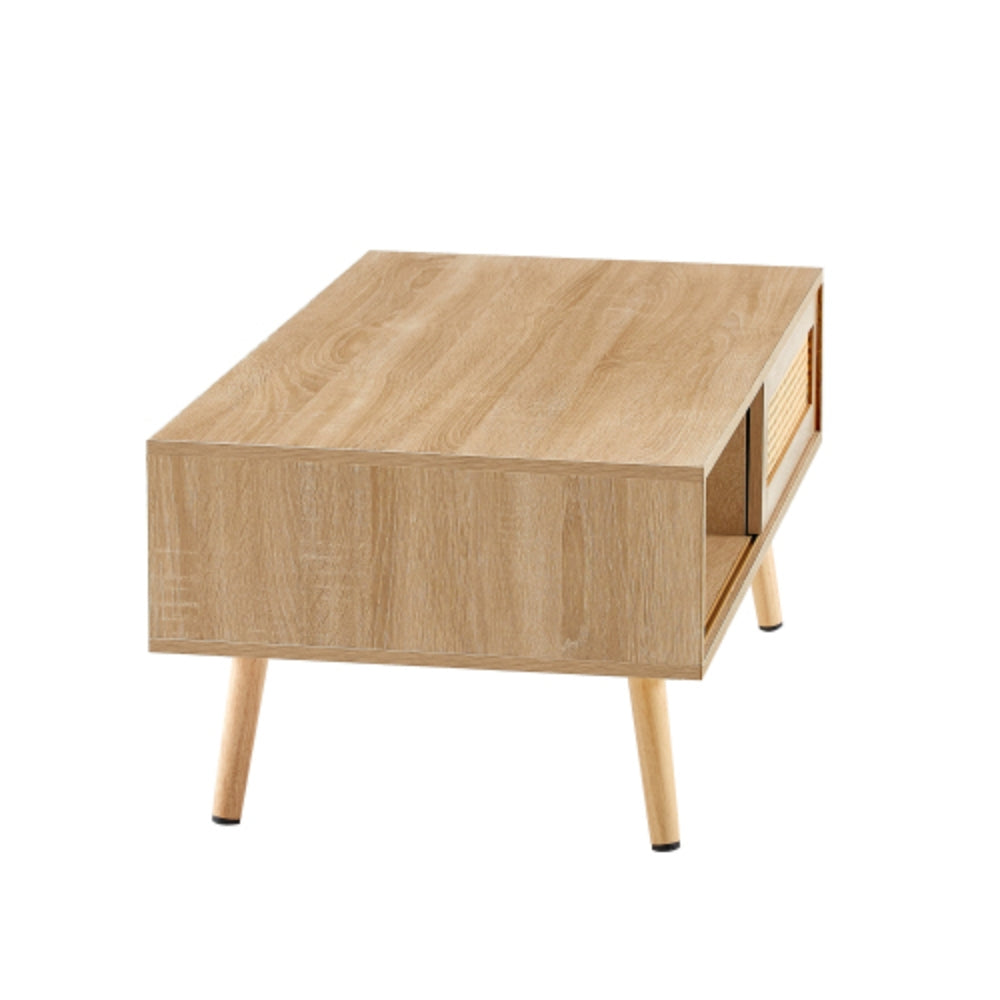Modern Rattan Coffee Table with Sliding Storage Door in Natural Finish