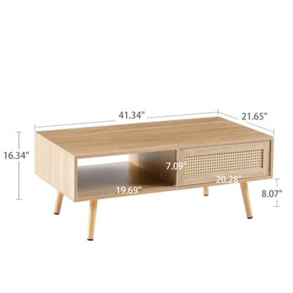 Modern Rattan Coffee Table with Sliding Storage Door in Natural Finish