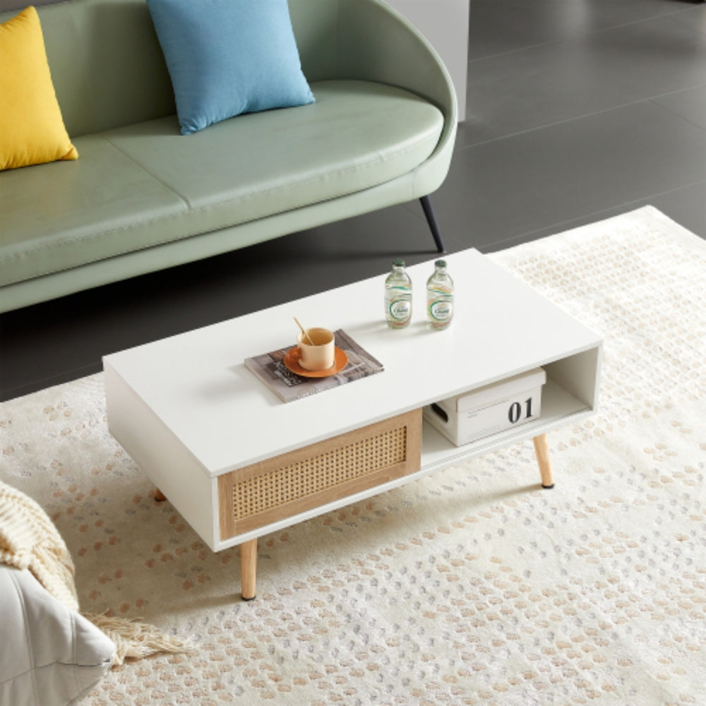 Modern Rattan Coffee Table with Sliding Storage Door in White Finish