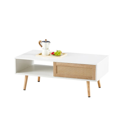Modern Rattan Coffee Table with Sliding Storage Door in White Finish