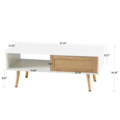 Modern Rattan Coffee Table with Sliding Storage Door in White Finish