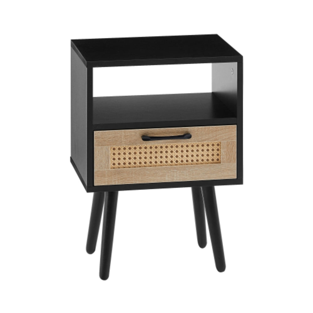 15.75 Inch Rattan End Table with Drawer and Solid Wood Legs in Black