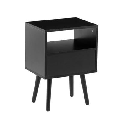 15.75 Inch Rattan End Table with Drawer and Solid Wood Legs in Black
