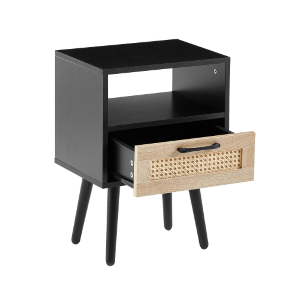 15.75 Inch Rattan End Table with Drawer and Solid Wood Legs in Black