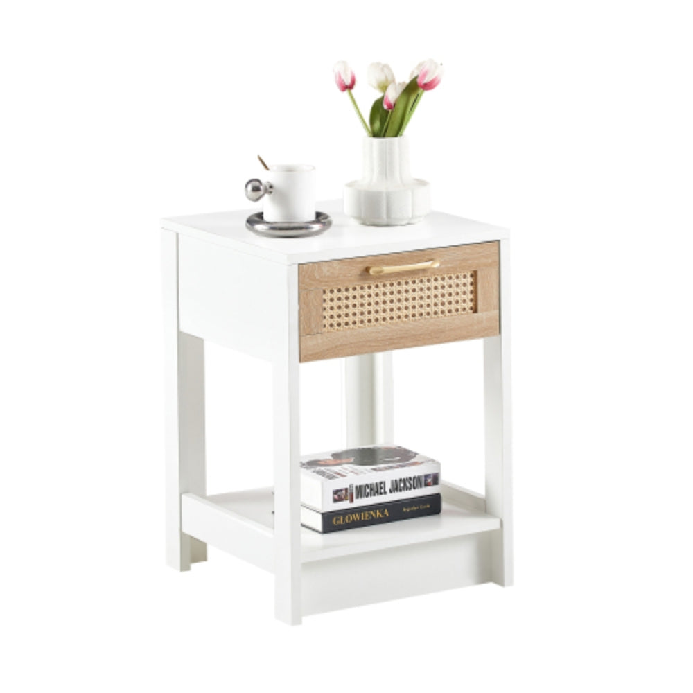 15.75 Inch Rattan End Table with Drawer in White Finish