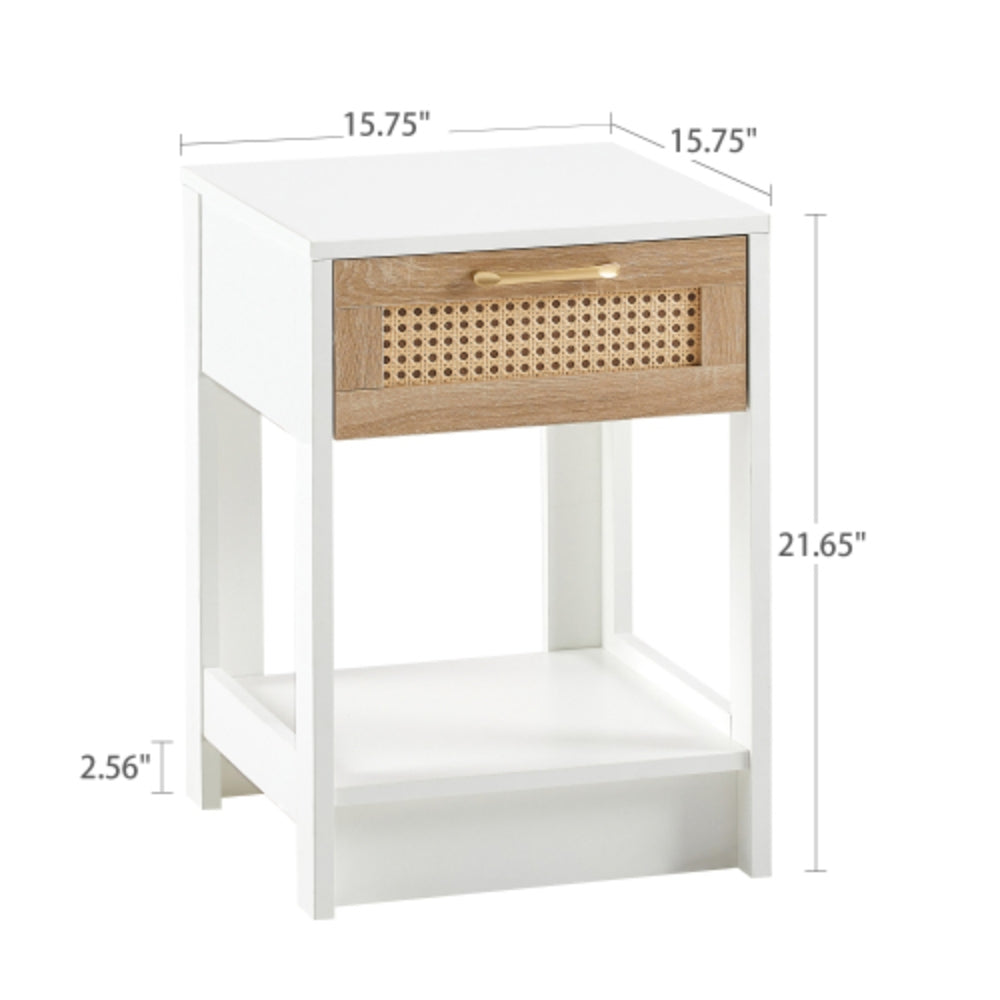 15.75 Inch Rattan End Table with Drawer in White Finish