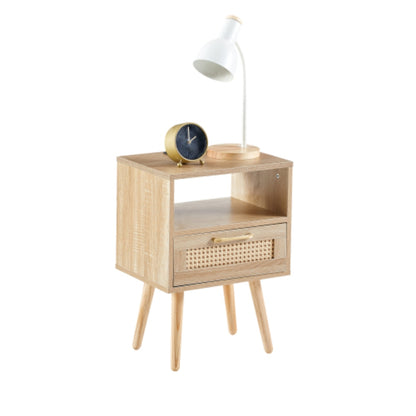15.75 Inch Rattan End Table with Power Outlet and USB Ports in Natural Finish