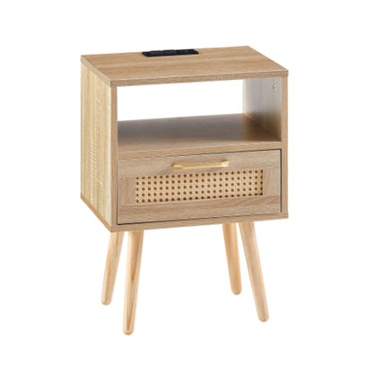 15.75 Inch Rattan End Table with Power Outlet and USB Ports in Natural Finish