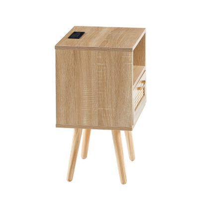15.75 Inch Rattan End Table with Power Outlet and USB Ports in Natural Finish