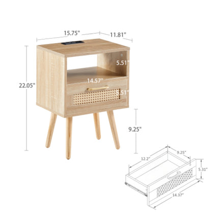 15.75 Inch Rattan End Table with Power Outlet and USB Ports in Natural Finish