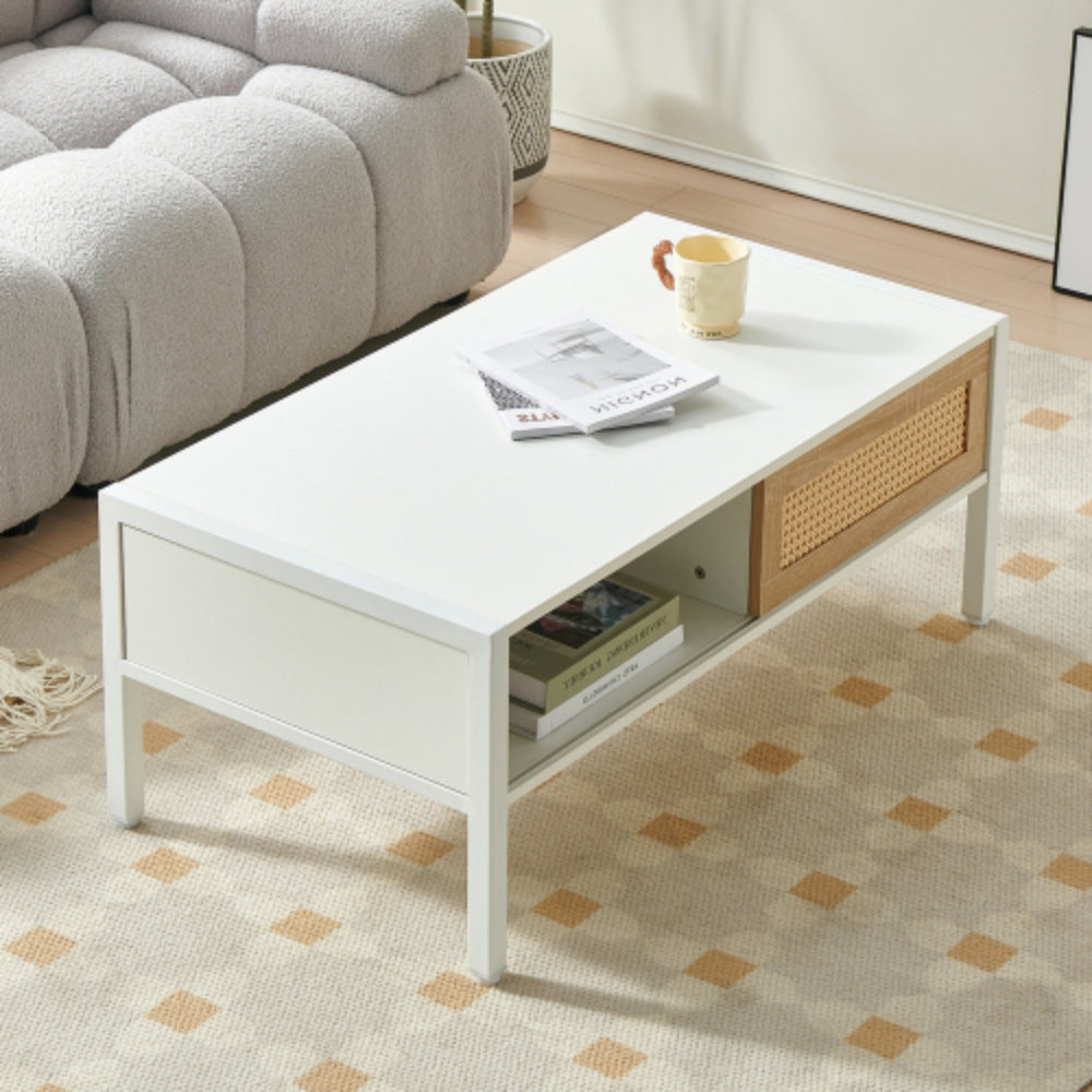 40.16 Inch White Rattan Coffee Table with Sliding Storage Door and Metal Legs