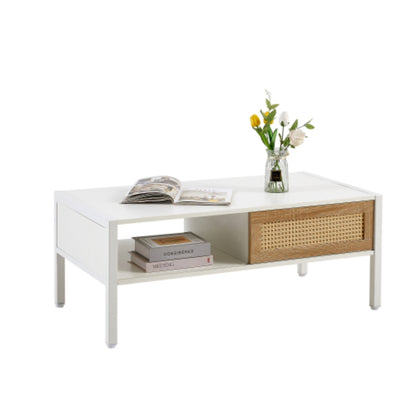40.16 Inch White Rattan Coffee Table with Sliding Storage Door and Metal Legs