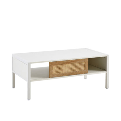 40.16 Inch White Rattan Coffee Table with Sliding Storage Door and Metal Legs