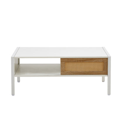 40.16 Inch White Rattan Coffee Table with Sliding Storage Door and Metal Legs