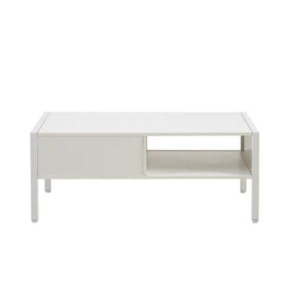 40.16 Inch White Rattan Coffee Table with Sliding Storage Door and Metal Legs
