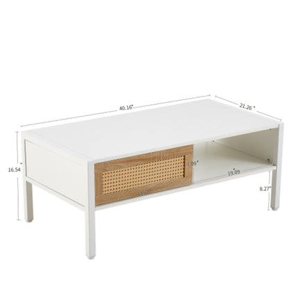 40.16 Inch White Rattan Coffee Table with Sliding Storage Door and Metal Legs