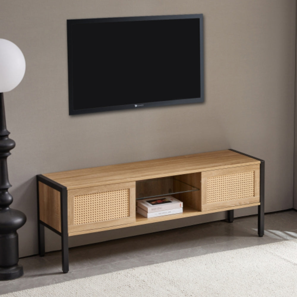 54.33 Inch Rattan TV Cabinet with Adjustable Color Light Strip in Natural Finish