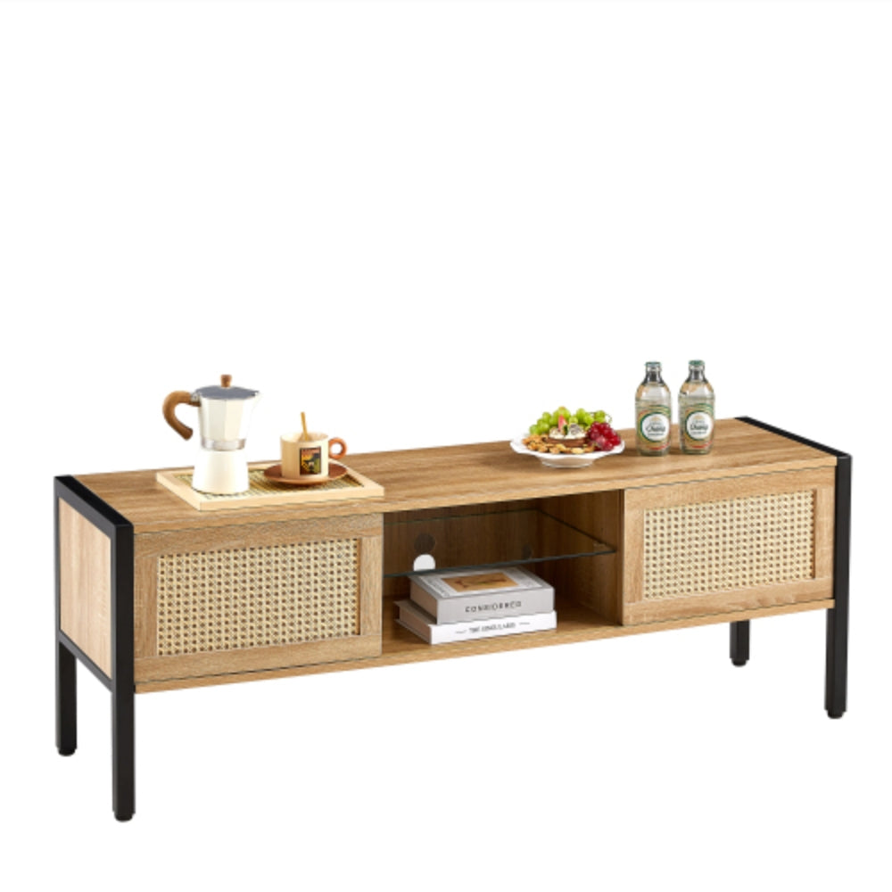 54.33 Inch Rattan TV Cabinet with Adjustable Color Light Strip in Natural Finish