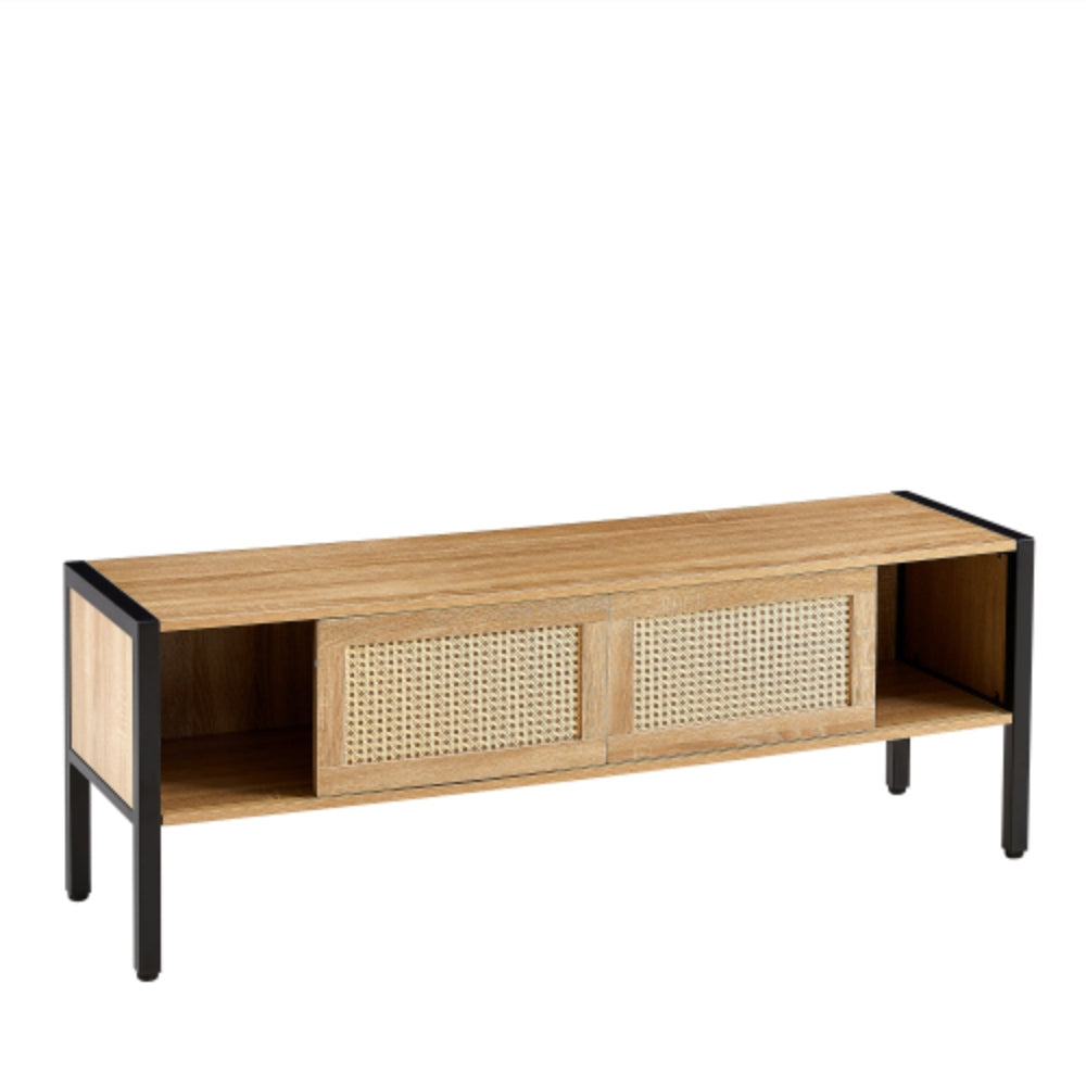 54.33 Inch Rattan TV Cabinet with Adjustable Color Light Strip in Natural Finish