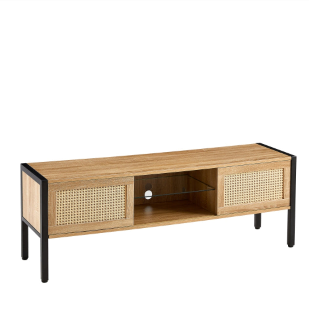 54.33 Inch Rattan TV Cabinet with Adjustable Color Light Strip in Natural Finish
