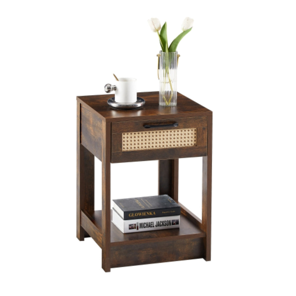15.75 Inch Rustic Brown Rattan End Table with Drawer