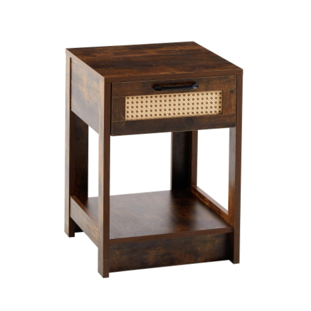 15.75 Inch Rustic Brown Rattan End Table with Drawer