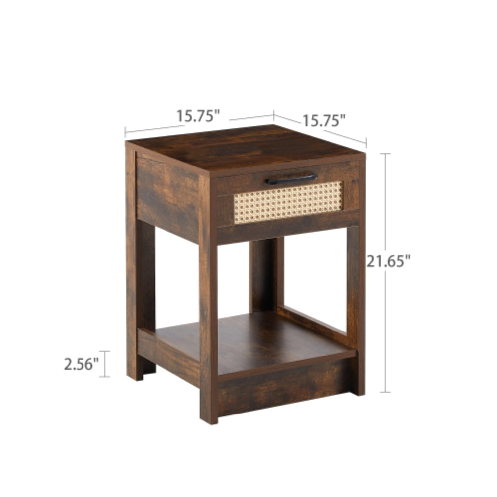 15.75 Inch Rustic Brown Rattan End Table with Drawer