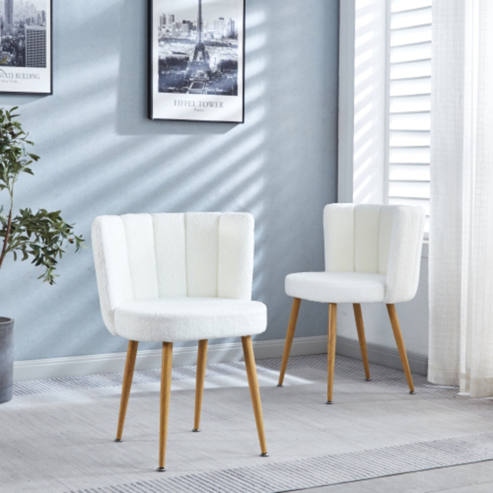 Set of 2 Modern White Dining Chairs with Iron Tube Legs and Short Hair Cushions