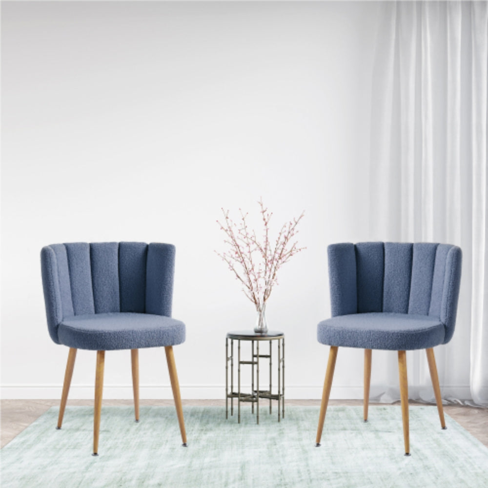 Set of 2 Modern Blue Dining Chairs with Iron Tube Wood Legs and Short Hair Cushions