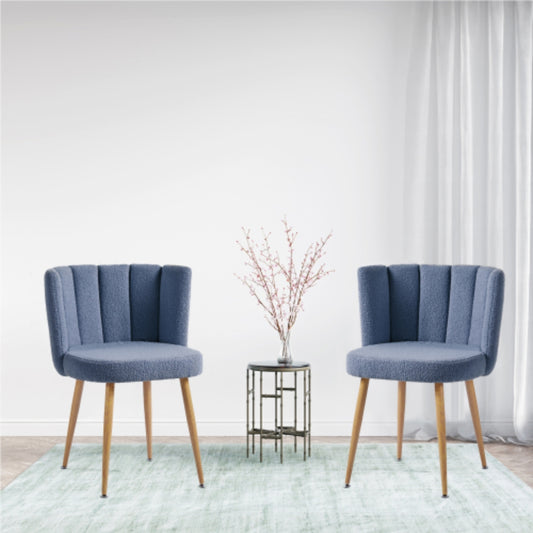 Set of 2 Modern Blue Dining Chairs with Iron Tube Wood Legs and Short Hair Cushions