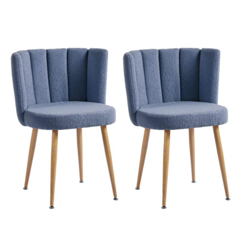 Set of 2 Modern Blue Dining Chairs with Iron Tube Wood Legs and Short Hair Cushions